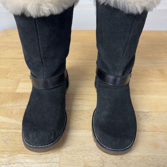 UGG Nessa Black Suede Boots Fur Trim Buckle Warm Kids School Comfy Zip size 2 - Picture 3 of 12